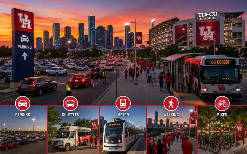 Parking lots, shuttle buses, metro transit, walking paths, and bicycle parking surrounding TDECU Stadium in Houston during a busy football game day with fans arriving near the stadium at sunset.